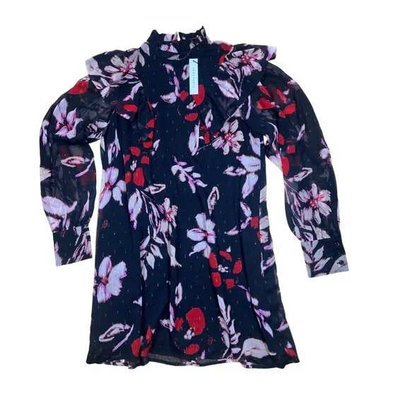 NWT Sanctuary Women’s Black Floral Babydoll Mini Dress Mock Neck Size Small - Picture 3 of 7